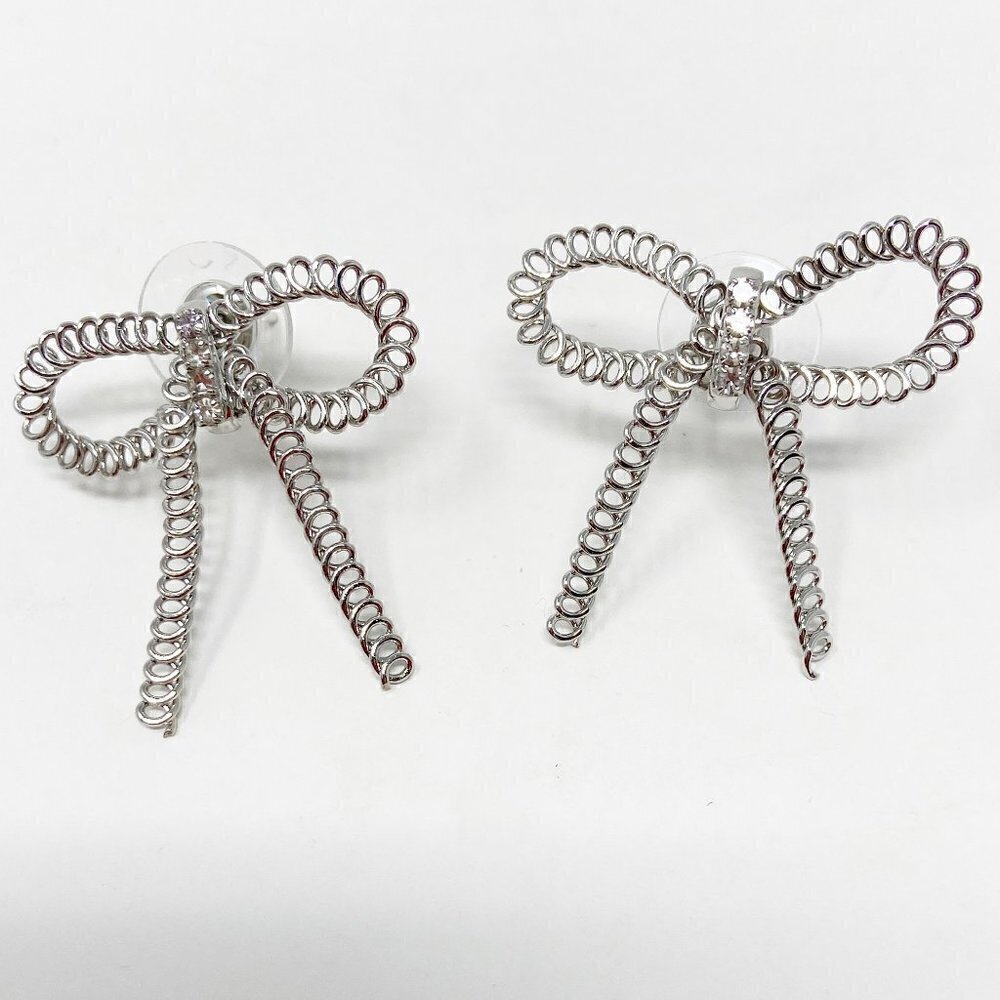 Silver Chain Ribbon Bow Earrings Crystal Detail